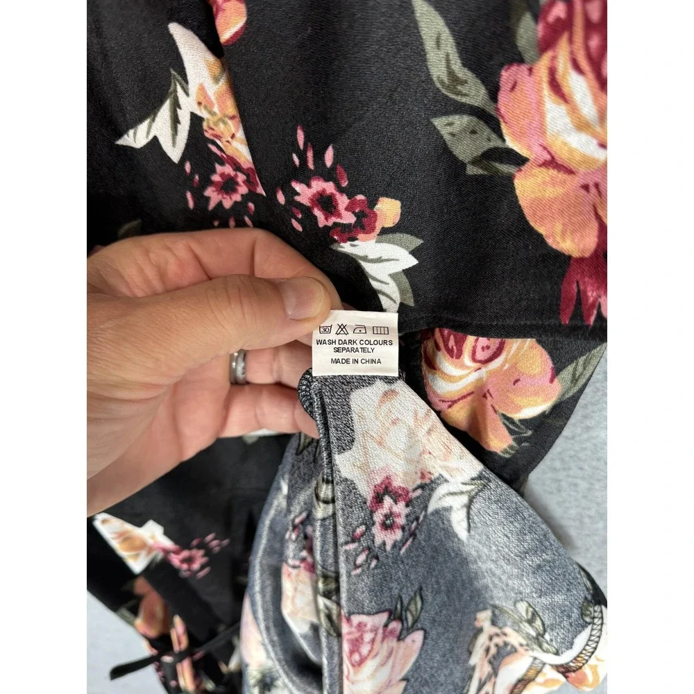 Fantaist Dress Womens Large Black Floral Wrap Short Sleeve Fit Flare Belted Boho